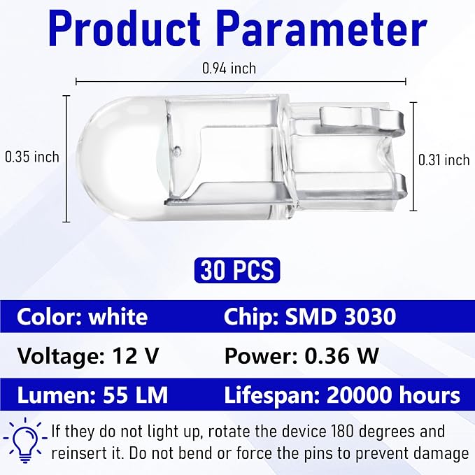 ecocstm 30 PCS Car 194 LED Bulbs, 168 2825 W5W T10 Wedge COB LED Replacement Bulb, Error Free Interior Bulb for Dashboard Light, Dome Lights (Blue)