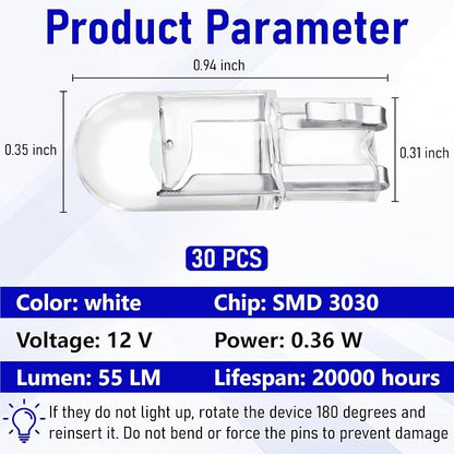 ecocstm 30 PCS Car 194 LED Bulbs, 168 2825 W5W T10 Wedge COB LED Replacement Bulb, Error Free Interior Bulb for Dashboard Light, Dome Lights (Blue)