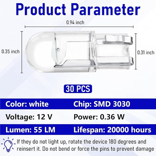 ecocstm 30 PCS Car 194 LED Bulbs, 168 2825 W5W T10 Wedge COB LED Replacement Bulb, Error Free Interior Bulb for Dashboard Light, Dome Lights (Blue)