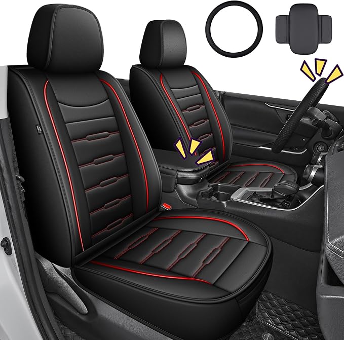 AOMSAZTO RAV4 Front Car Leather Seat Covers Custom Fit for Toyota RAV4 2019 2020 2021 2022 2023 2024 2025 LE,XLE,XLE Premium,Limited with Interior Accessories(2 Seats,Black&Redline)