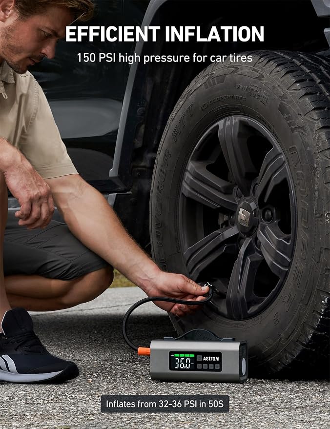 AstroAI 2500A Portable Car Battery Jump Starter with 150PSI Air Compressor 30W Quick Charger, 14800mAh Jump Box (7.5L Gas & 5.0L Diesel) 12V Jump Box with Booster, LED Light, Jumper Cables