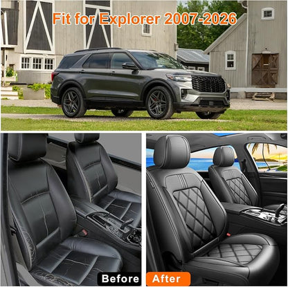 Explorer Car Seat Covers Custom Fit for Ford Explorer 2004-2026, Full Coverage Leather Waterproof Breathable Seat Covers Full Set, Automotive Seat Protectors, Airbag Compatible(5 Seats, Black)