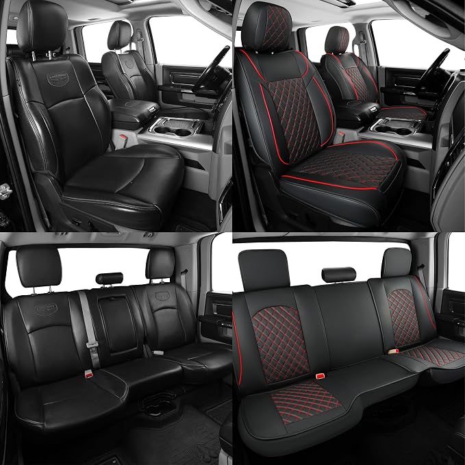 FREESOO Car Seat Covers Full Set for Dodge Ram 2002-2018 1500 & 2011-2026 2500 3500 Crew Quad Cab, 2019-2024 Ram 1500 Classic Leather Seat Cover, with Curved Bench, Black