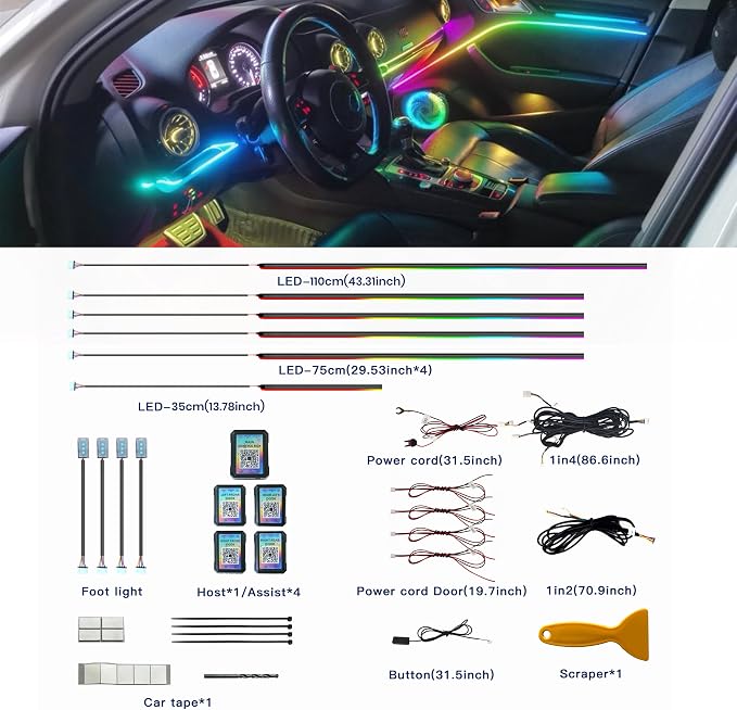 KENANEK Ambient Lighting Car Interior LED Strip Lights 10-in-1, 175” Acrylic Multi-Color Car Ambient Lighting Kit with Music Sync, APP Control, Interior LED Lighting for Cars SUVs Trucks