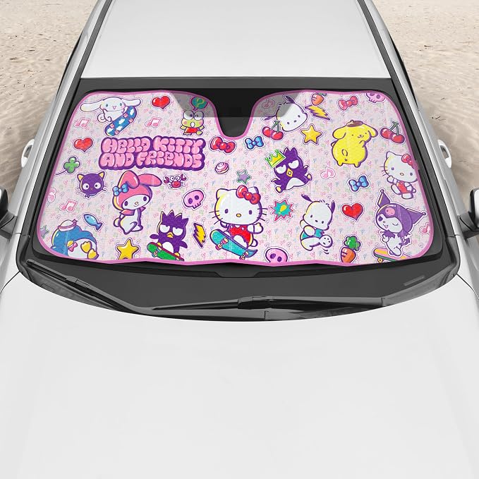 Carbella Hello Kitty and Friends Car Windshield Sun Shade, Official Sanrio Accordion Style Sunshade for Car Window, Cute Car Sun Shade Windshield, Hello Kitty Car Accessories for Women (HK & Friends)