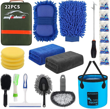 22Pcs Car Wash Cleaning Tools Kit Car Detailing Set with Olive Green Canvas Bag Collapsible Bucket Wash Mitt Sponge Towels Tire Brush Window Scraper Duster Complete Interior Car Care Kit
