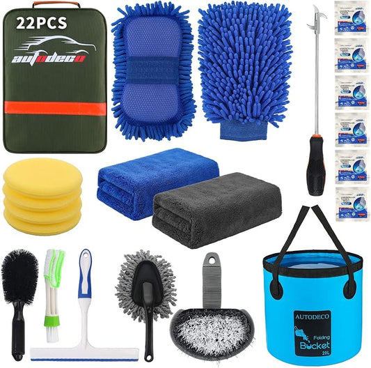 22Pcs Car Wash Cleaning Tools Kit Car Detailing Set with Olive Green Canvas Bag Collapsible Bucket Wash Mitt Sponge Towels Tire Brush Window Scraper Duster Complete Interior Car Care Kit