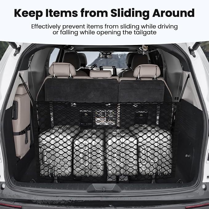 Canvcle Trunk Cargo Net for Toyota Sienna 2021-2025 2026 Accessories Envelope Style Mesh Trunk Net Organizer and Storage Stretchable Adjustable Elastic Nylon Rear Cargo Netting with Hooks
