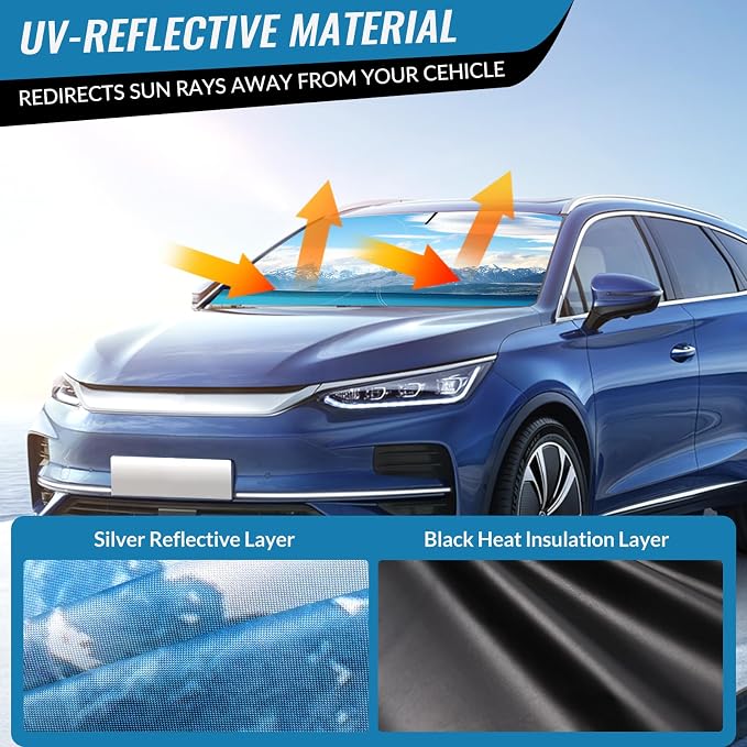 Windshield Sun Shade - Car Windshield Sun Shade for UV Protection Heat Reduction 2026 Sun Visor for Car Interior (57"x31"), Blue - Snowy Mountain