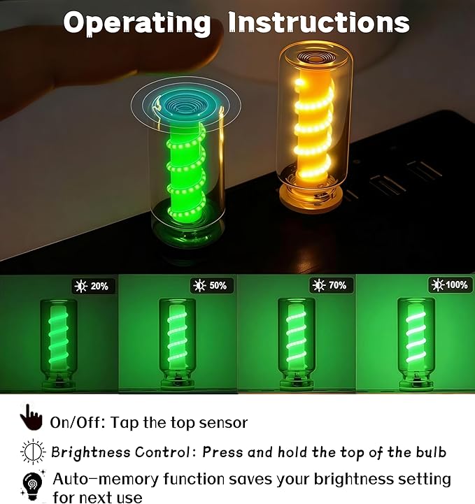 Car USB Night Light, Touch Dimmable Retro LED Filament Lamp, Mini USB Ambient Light for Vehicle Interior, Bedroom, Desk and Camping, 2 Pack, Green