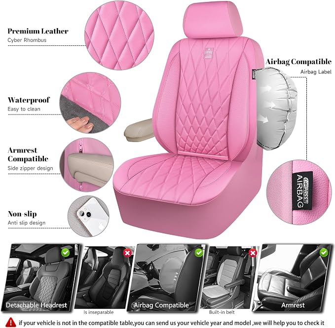 CAR PASS Piping Luxury Leather Two Front Car Seat Covers, Cute Girly Waterproof Anti Slip Seat Covers Compatible with Front Seat Armrests,Universal Fit for Suvs,Vans,Trucks,Airbag Compatible(All Pink)