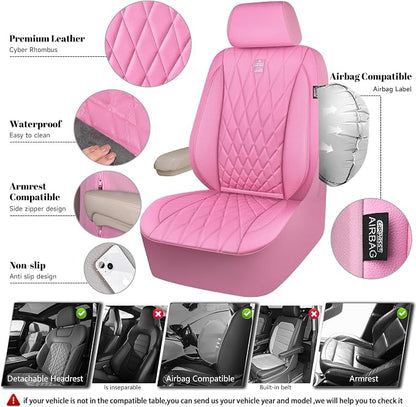 CAR PASS Piping Luxury Leather Two Front Car Seat Covers, Cute Girly Waterproof Anti Slip Seat Covers Compatible with Front Seat Armrests,Universal Fit for Suvs,Vans,Trucks,Airbag Compatible(All Pink)
