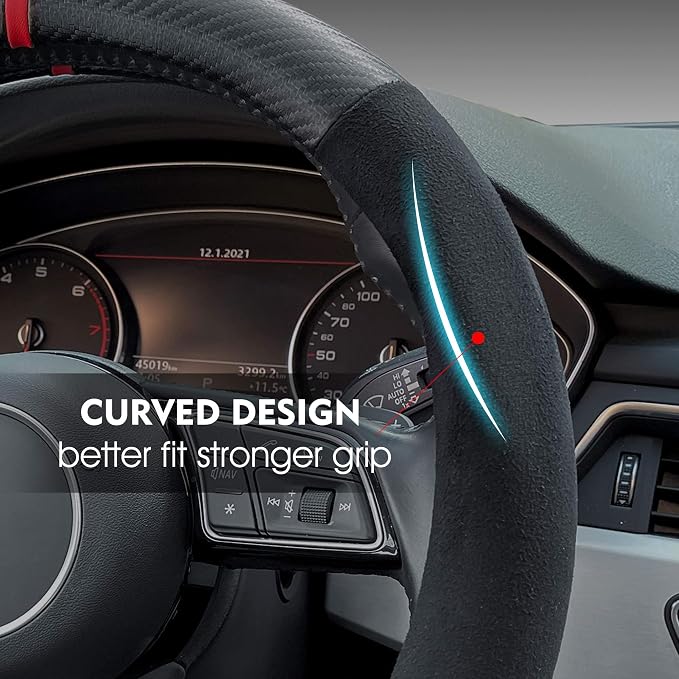 Carodi Suede Carbon Fiber Steering Wheel Cover，Non-Slip Leather Car Interior Fitting 15-inch Universal（D-Shape,Black Suede with Carbon Fiber）