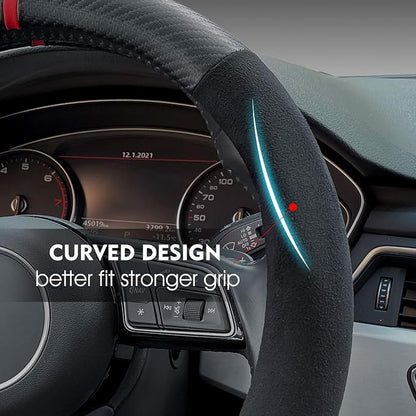 Carodi Suede Carbon Fiber Steering Wheel Cover，Non-Slip Leather Car Interior Fitting 15-inch Universal（D-Shape,Black Suede with Carbon Fiber）