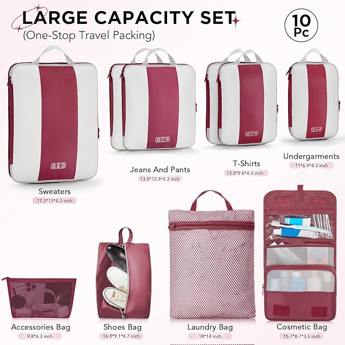 OlarHike 10-Pack Compression Packing Cubes for Travel Essentials,Compressible Expandable Packing Cubes for Suitcase,Luggage Garment Bags for Travel,Handy Helper for Organizing Clothes(Wine Red)