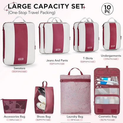 OlarHike 10-Pack Compression Packing Cubes for Travel Essentials,Compressible Expandable Packing Cubes for Suitcase,Luggage Garment Bags for Travel,Handy Helper for Organizing Clothes(Wine Red)