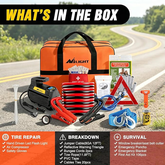 Nilight Car Emergency Kit with Jumper Cable, First Aid Kit Safety Assistance Tools for Travel Camping Outdoor Cars Truck SUV RV, Roadside Essentials with Flash Light