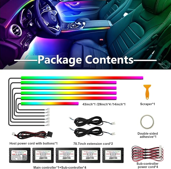 Dreamcolor Acrylic Car Lights, 6 in 1 LED Strip Lights with APP Control and 213 Color Modes, Decorative Lights, Neon Ambient Lighting Kits