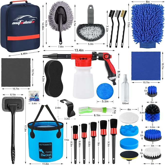 38Pcs Car Wash Detailing Kit Cleaning Kits with Foam Gun Sprayer Collapsible Bucket Drill Brush Large Wash Mitt Towels Complete Interior Exterior Car Washing Supply Set Blue