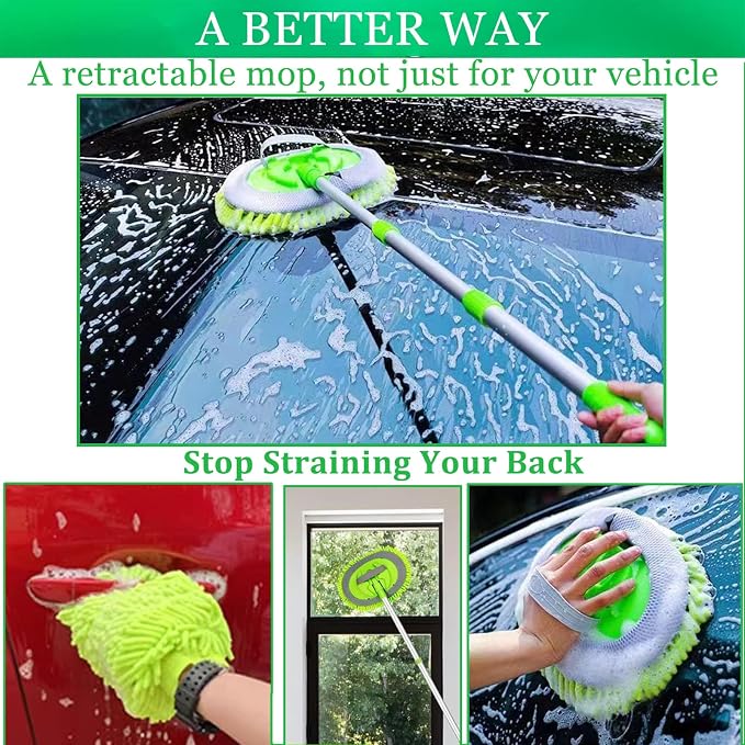 62" Car Wash Brush Kit 20Pcs - Chenille Microfiber Wash Mop Mitt Interior/Exterior Cleaning Detail Brush Wheel Brush Windshield Window Squeegee for Cars RV Truck Boat