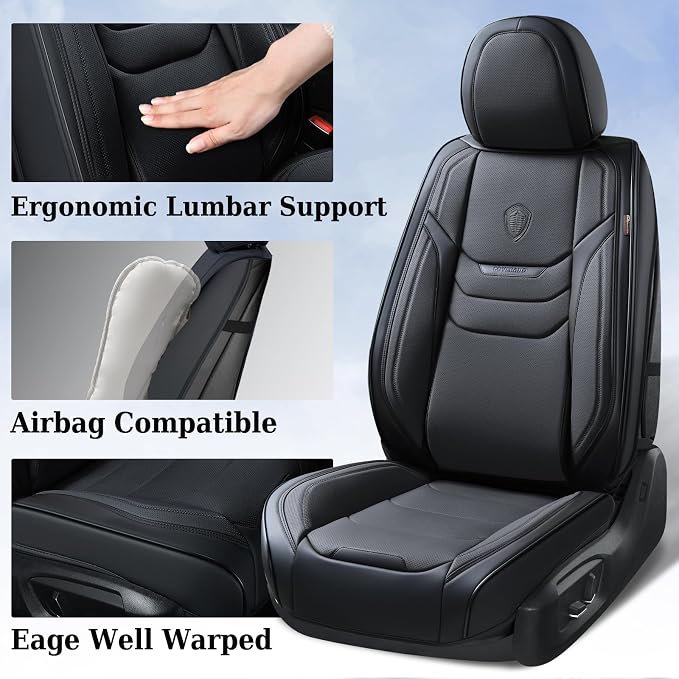 Coverado Leather Seat Covers for Cars, Car Seat Covers Full Set, Breathable Car Seat Protector with Lumbar Support, Black Seat Covers, Front and Back Waterproof Seat Cover Universal Fit for Most Cars