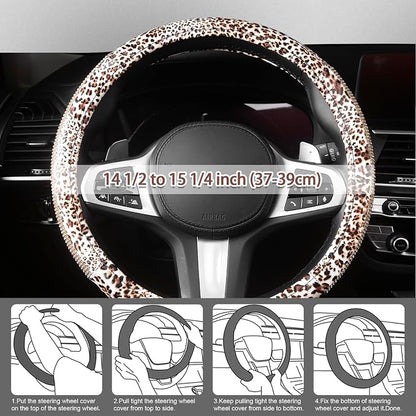 AUTOYOUTH Leopard Print Steering Wheel Cover - Bling Crystal Rhinestones Cheetah Print on PVC Leather Non-Slip Breathable Design for Women/Girls Universal Fit 14.5-15 Inch