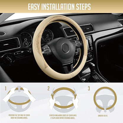 PIC AUTO Steering Wheel Cover, Gold Patterned Leather Patchwork Design, Universal Fit 14.5"–15.5", Anti-Slip, Odor-Free, Soft PU Grain Leather, Durable Grip Car Accessory for Girls & Women