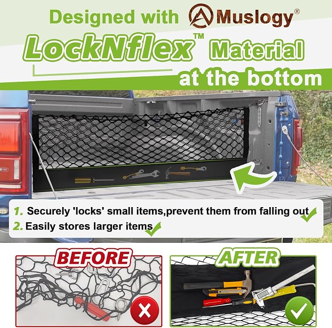 Muslogy Truck Bed Cargo Net Trunk Netting Compatible with Tesla Cybertruck 2024 2025 2026 Accessories, Pickup Cargo Organizer SUV Sedan Storage Net w/Heavy Duty Carabiners
