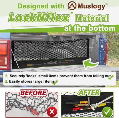 Muslogy Truck Bed Cargo Net Trunk Netting Compatible with Tesla Cybertruck 2024 2025 2026 Accessories, Pickup Cargo Organizer SUV Sedan Storage Net w/Heavy Duty Carabiners