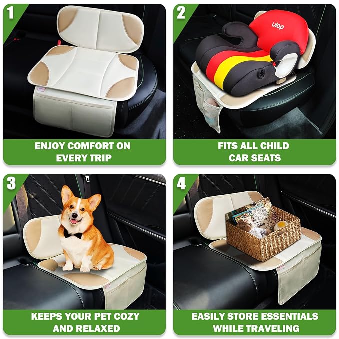 Siivton Car Seat Protector for Kids, Anti-Slip Design, Thick Padding, Prevents Seat Marks, 2 Storage Pockets for Toys & Snacks, Fits Most Cars, Black (Beige, 2 Pack)