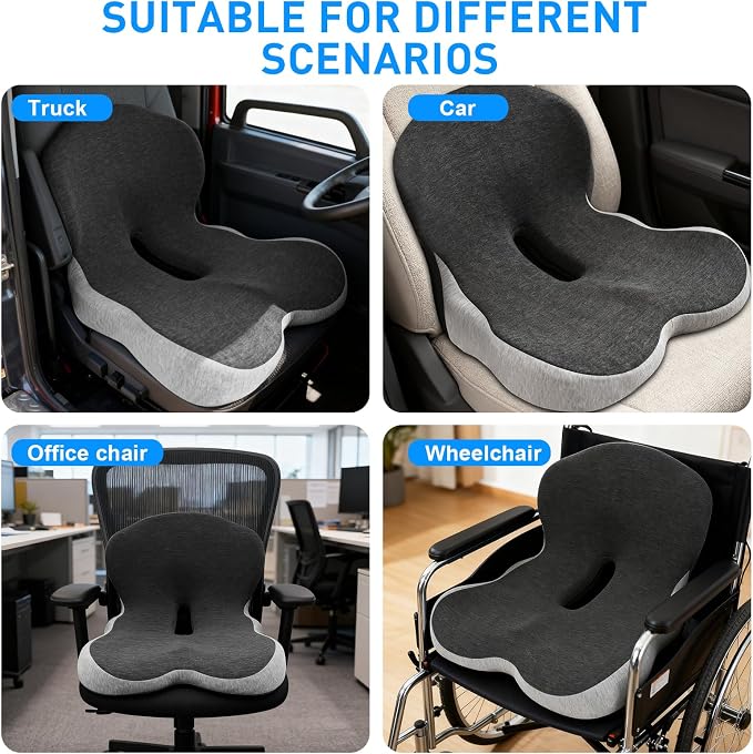 Denchy Car Seat Cushion with Lumbar Support for Long Sitting, Ergonomic Memory Foam Driving Seat Cushions for Semi Truck Bus Driver Trucker, Non Slip Office Chair Cushion (Dark Light Gray)