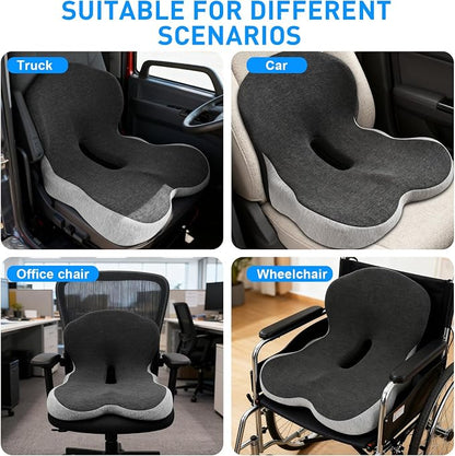 Denchy Car Seat Cushion with Lumbar Support for Long Sitting, Ergonomic Memory Foam Driving Seat Cushions for Semi Truck Bus Driver Trucker, Non Slip Office Chair Cushion (Dark Light Gray)