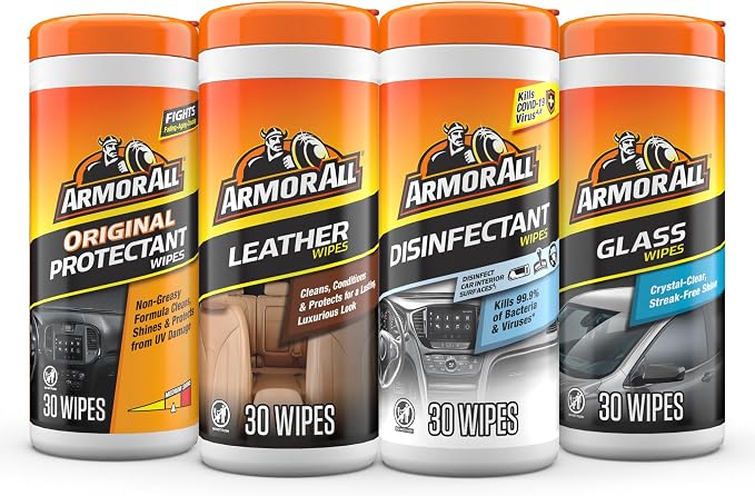Armor All Interior Car Cleaning Wipes Kit, Disinfects, Protects, and Cleans Car Interiors, Includes Leather Care Wipes, Glass Wipes, Disinfectant Wipes, and Protectant Wipes, 4 Count
