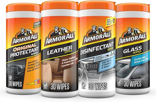 Armor All Interior Car Cleaning Wipes Kit, Disinfects, Protects, and Cleans Car Interiors, Includes Leather Care Wipes, Glass Wipes, Disinfectant Wipes, and Protectant Wipes, 4 Count