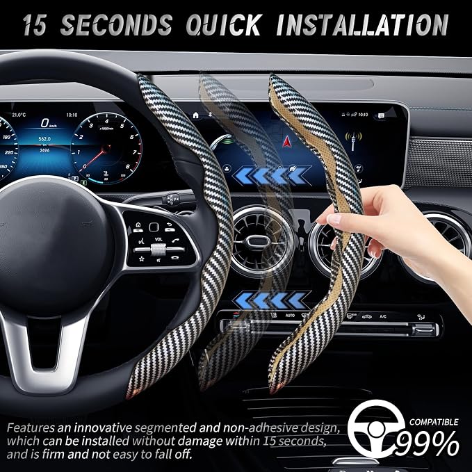 WOCOCN 2pcs Car Steering Wheel Cover,Anti-Skid Carbon Fiber Steering Wheel Protector for Men Women,Multiple Color Options,Universal for Most Car Interiors Accessories (Bright Silver)