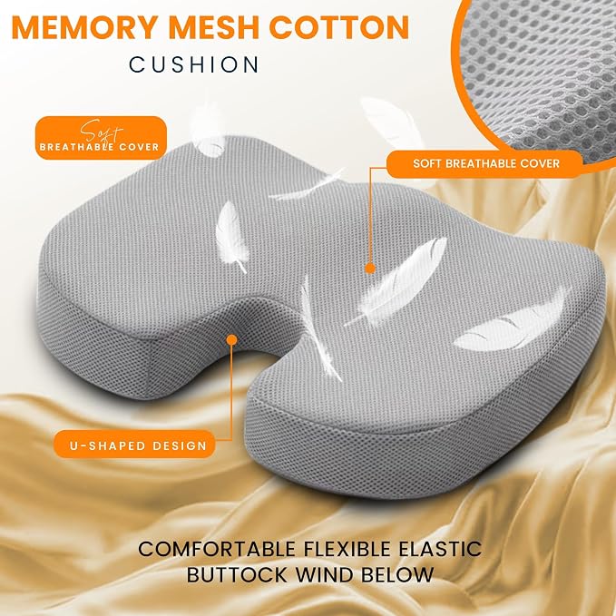 GRAND PITSTOP Memory Foam Seat Cushion for Office Chair Car & Home Orthopedic Tailbone & Sciatica Pain Relief Pad Ergonomic U-Shaped Design with Cooling Foam, Non Slip Base & Washable Cover