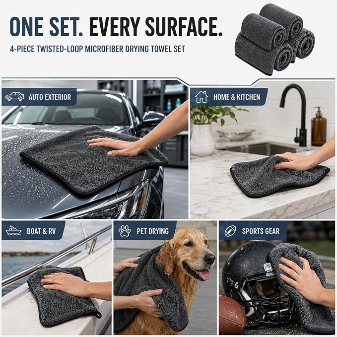 4 Pcs Car Drying Towel Set, 35.4 x 23.6 in & 15.7 x 11.8 in Microfiber Drying Towels, Thick Twisted-Loop Highly Absorbent Quick Dry Cloth for Car Wash, Detailing, Home & RV Use, Gray