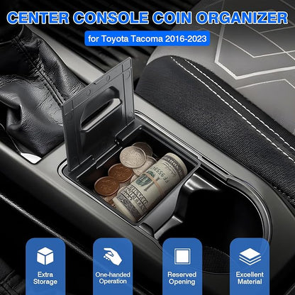 Autorder Coin Holder for Toyota Tacoma 2016-2023 Accessories - Armrest Insert Center Console Organizer with Coin Slot - ABS Plastic Secondary Storage Box