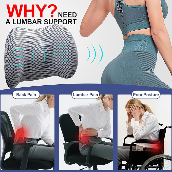 BYMECOST Lumbar Support Pillow for Car, Memory Foam Car Seat Back Support Pillow for Driving, Back Cushion with Strap for Pain Relief, Ergonomic Back Cushion for Office Chair, Wheelchair (Grey)