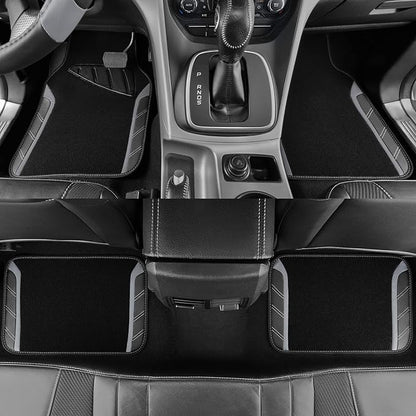 CAR PASS Leather Steering Wheel Cover and Waterproof Car Floor Mats,Microfiber Universal Car Combo Fit for 95% Sedan,SUV,Cars,14.5-15inch Sporty Anti-Slip Safety Comfortable Design(Black＆Gray)