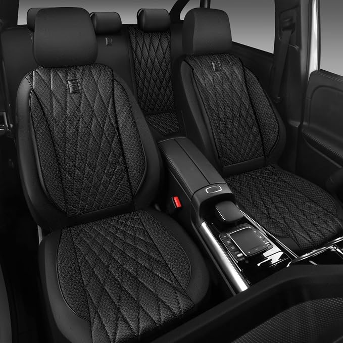 CAR PASS Thick Foam 3D Mesh Leather Car Seat Covers Full Set, Luxury Breathable Premuim Faux Leather Automotive Seat Covers, Airbag Compatible Universal Fit for Most Sedan Van Truck SUV, Pure Black