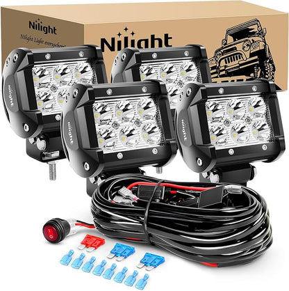 Nilight 4PCS 4 Inch 18W Spot Led Light Bars LED Work Lights Led Fog Lights Off Road Driving Lights with Off Road Wiring Harness