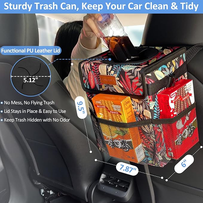 ELONGRIVER Car Trash Can Bin for Back Seat Leak Proof, Cute Car Trash Bag Hanging, Vehicle Trash Can for SUV Truck Van, Automotive Garbage Cans Front Seat Red Leaves, 2 Gallons