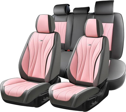 Coverado Seat Covers Full Set, Leather Car Seat Covers, Waterproof Seat Covers for Cars, Front and Back Seat Covers, Car Seat Protectors Car Seat Cushions Universal Fit for Most Cars, Gray&Pink