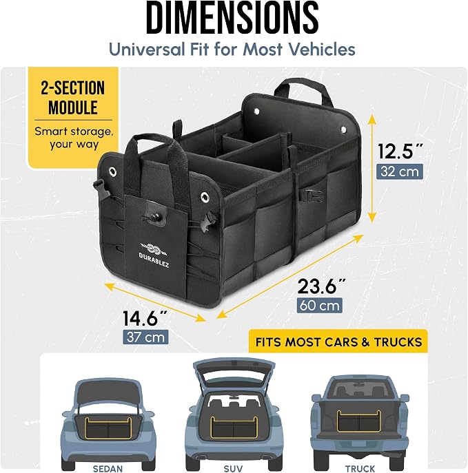2-Section Trunk Organizer Foldable Car Storage Bin – Compact Dual-Compartment Auto Organizer with Cover Net, Non-Slip Pads, Heavy Duty Oxford 1680D – Black