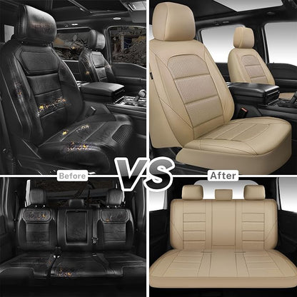 CAR PASS Memory 3D Foam Car Seat Covers Full Set, Breathable Mesh Thick Seat Covers for Cars,Beige Leather Seat Covers,Airbag Compatible Universal Automotive Comfort for SUVs Trucks SUV, All Beige