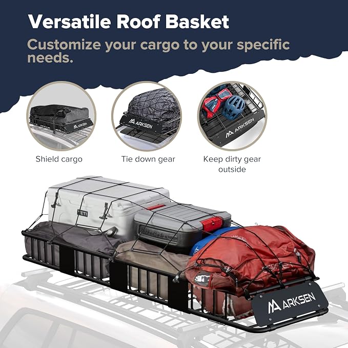 ARKSEN 84"x23"x6" Long and Narrow Car Roof Rack Cargo Carrier Rooftop Basket & Net, Heavy Duty Weather Resistant Luggage & Camping Gear Storage for Car, Truck or SUV Transport