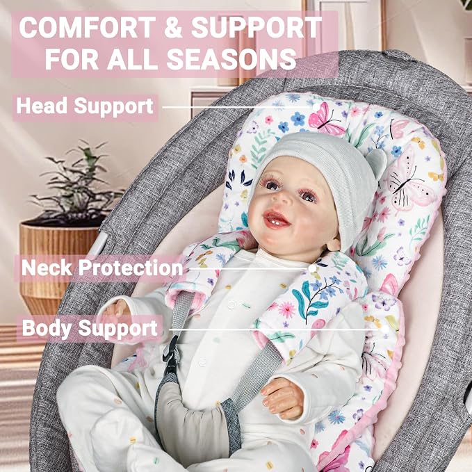 Infant Car Seat Insert Girls, Soft Car Seat Head Support Baby & 2 Strap Pads, Preemie Newborn Carseat Insert Reversible Fits for Stroller, Baby Swing, Rocker, Bassinets, Bouncer, Butterfly