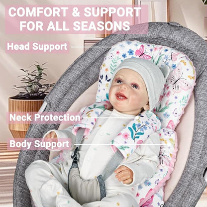 Infant Car Seat Insert Girls, Soft Car Seat Head Support Baby & 2 Strap Pads, Preemie Newborn Carseat Insert Reversible Fits for Stroller, Baby Swing, Rocker, Bassinets, Bouncer, Butterfly