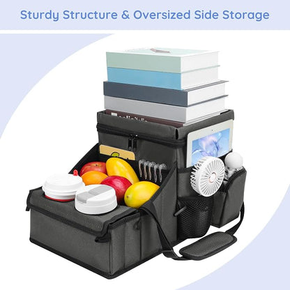Car Hop Front Seat Car Organizer with Cup Holder & Sturdy Desk Tray, Padded Laptop File Compartment, Movable Divider & Side Pockets, Passenger Seat Storage Caddy for Road Trip or Work